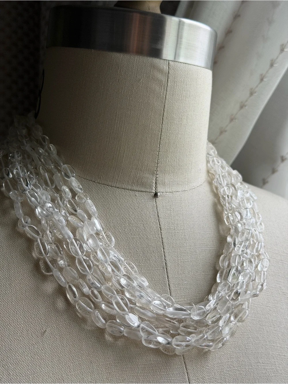 Rock Crytal Semi-Precious Clear Beads Multi-Strand Necklace 925 Sterling Silver